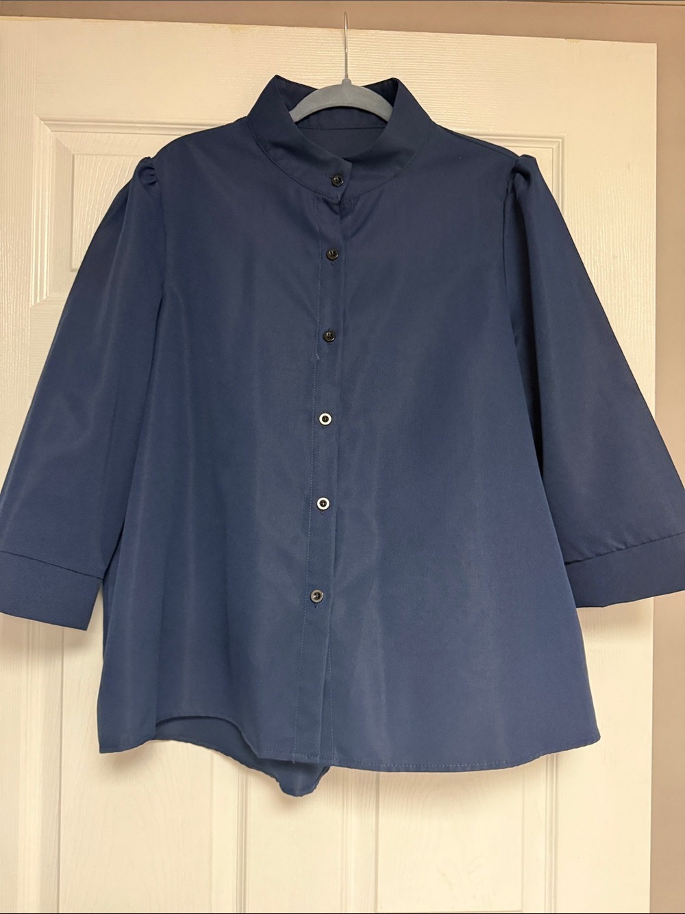 Classic Stand-Collar Navy Blouse